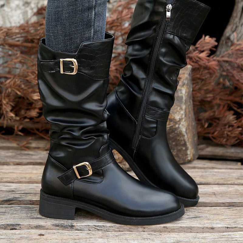 Women's Retro Ruched Mid-Calf Boots with Buckle