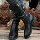 Women's Retro Ruched Mid-Calf Boots with Buckle