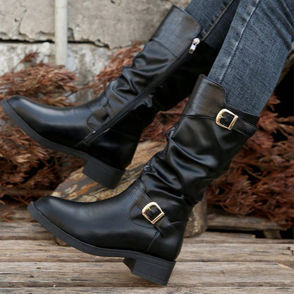 Women's Retro Ruched Mid-Calf Boots with Buckle