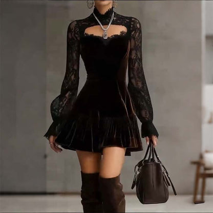 Women’s Elegant High-Neck Lace Sleeve Mini Dress