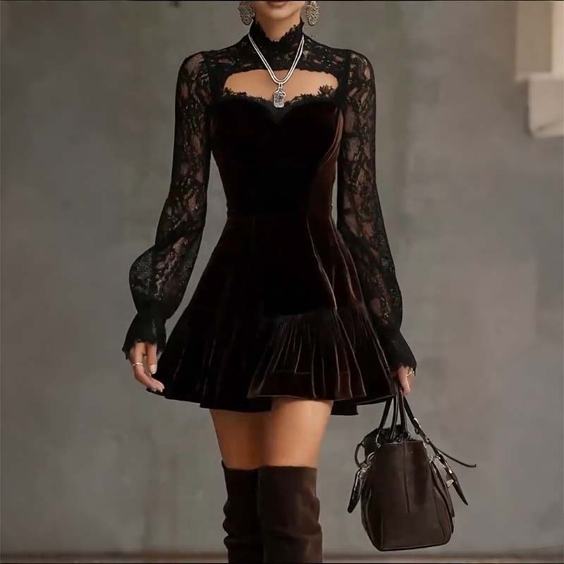 Women’s Elegant High-Neck Lace Sleeve Mini Dress