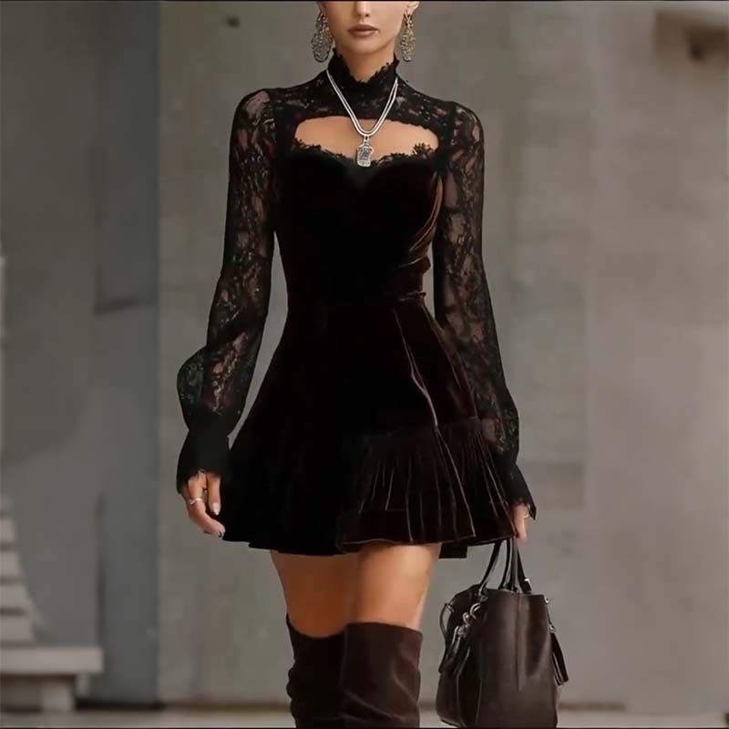 Women’s Elegant High-Neck Lace Sleeve Mini Dress