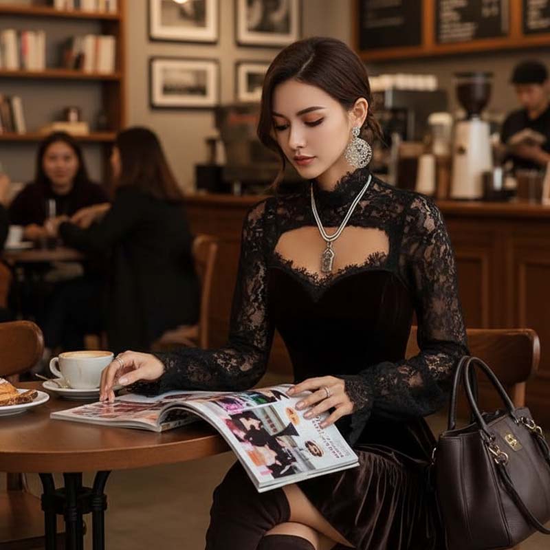 Women’s Elegant High-Neck Lace Sleeve Mini Dress