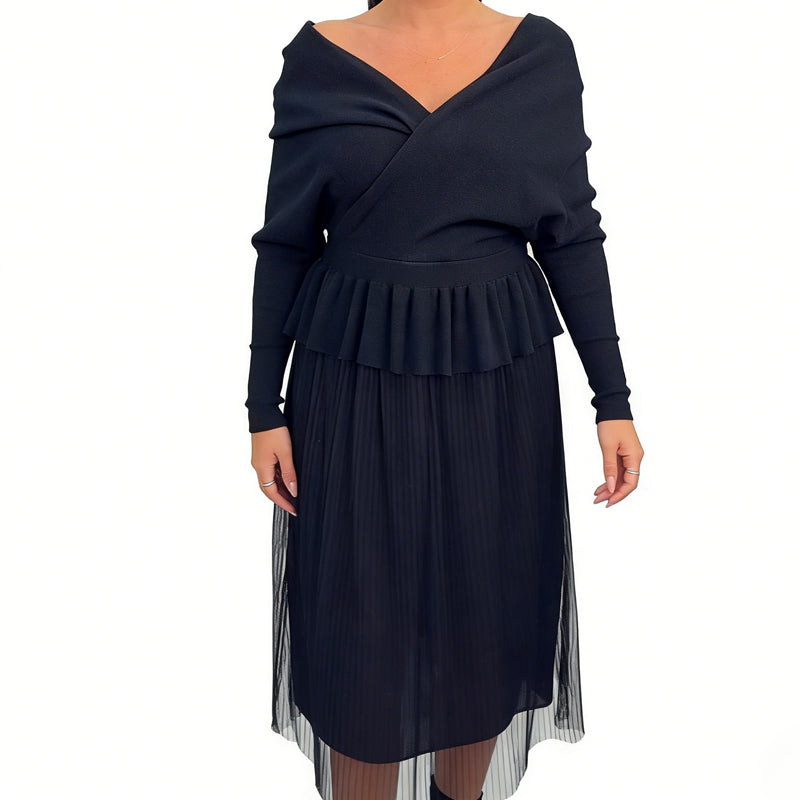 Women’s Elegant Off-Shoulder Knit Patchwork Midi Dress