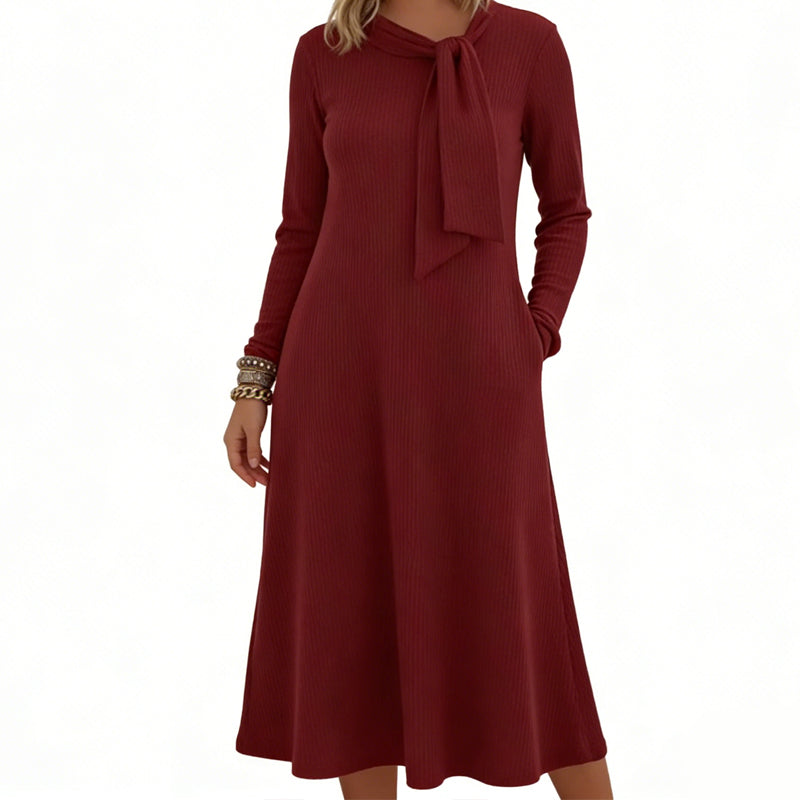 Women's Long Sleeve Tie-Neck Knit Midi Dress