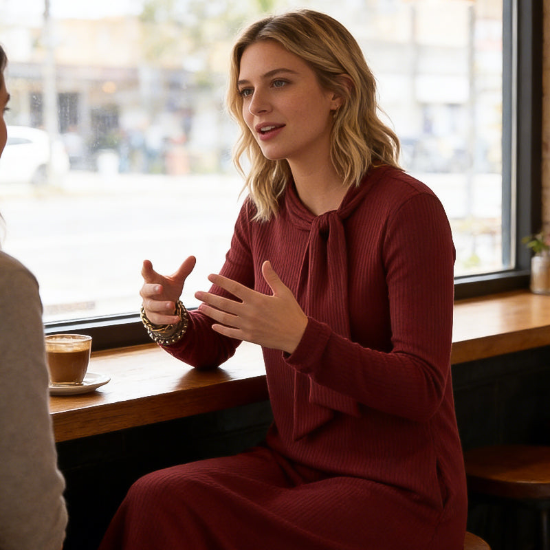 Women's Long Sleeve Tie-Neck Knit Midi Dress