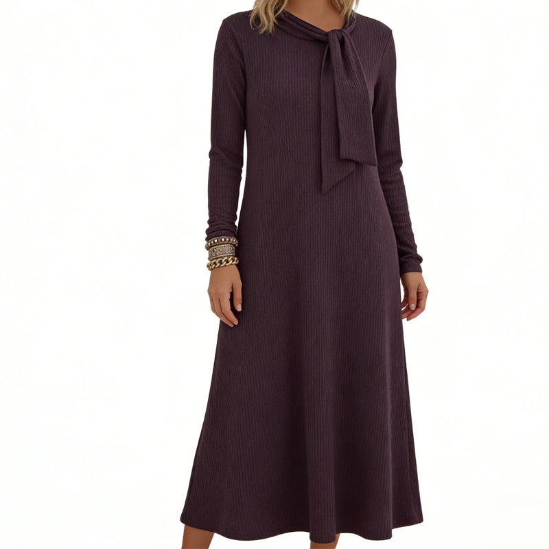 Women's Long Sleeve Tie-Neck Knit Midi Dress