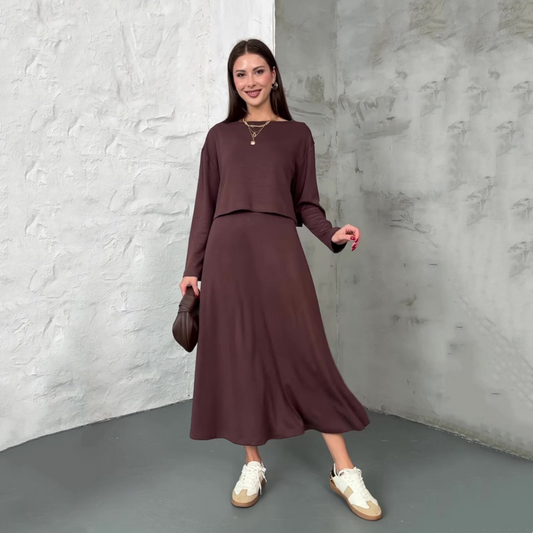 Women's Long Sleeve Crop Tops & Sleeveless Dress 2-Piece Set