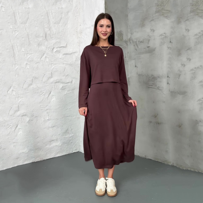 Women's Long Sleeve Crop Tops & Sleeveless Dress 2-Piece Set