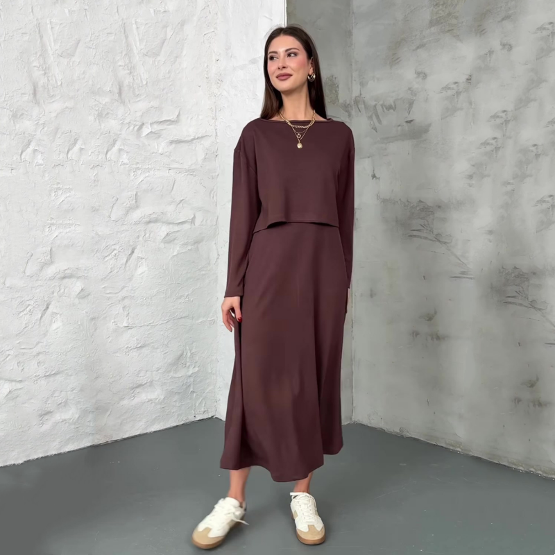 Women's Long Sleeve Crop Tops & Sleeveless Dress 2-Piece Set