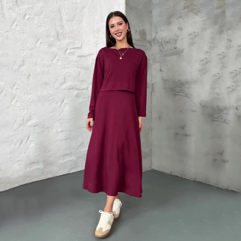 Women's Long Sleeve Crop Tops & Sleeveless Dress 2-Piece Set