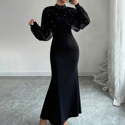 Elegant Faux Pearl Beaded Collar Mermaid Dress