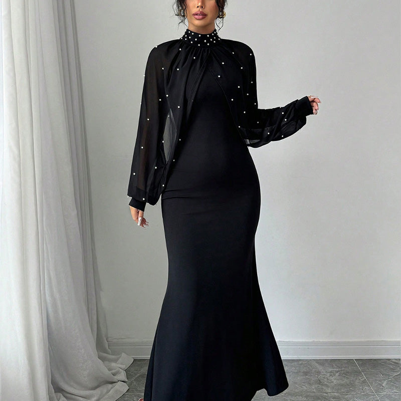 Elegant Faux Pearl Beaded Collar Mermaid Dress