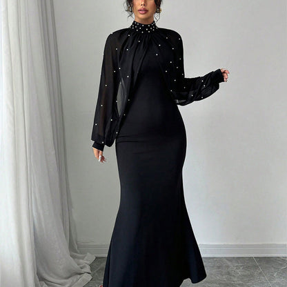 Elegant Faux Pearl Beaded Collar Mermaid Dress