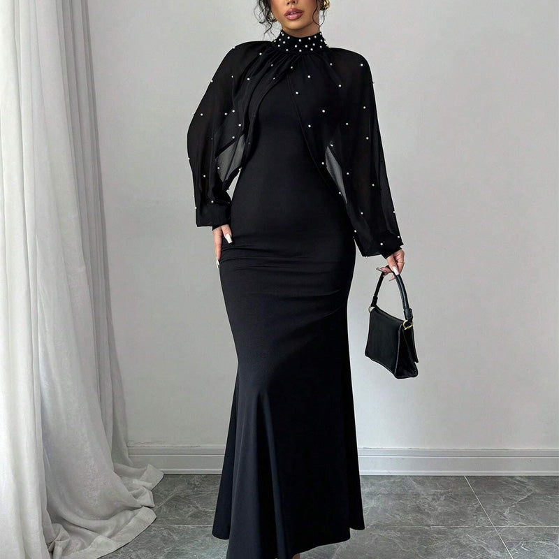 Elegant Faux Pearl Beaded Collar Mermaid Dress