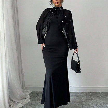 Elegant Faux Pearl Beaded Collar Mermaid Dress