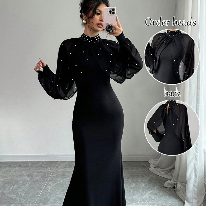 Elegant Faux Pearl Beaded Collar Mermaid Dress