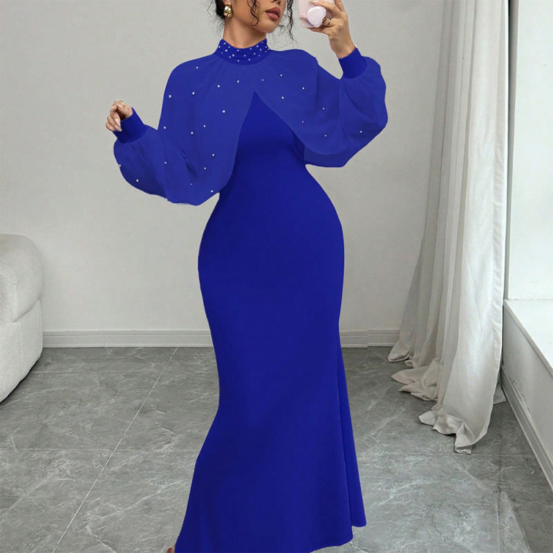 Elegant Faux Pearl Beaded Collar Mermaid Dress