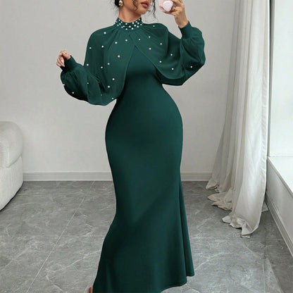 Elegant Faux Pearl Beaded Collar Mermaid Dress