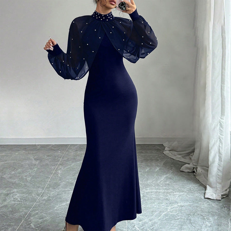 Elegant Faux Pearl Beaded Collar Mermaid Dress