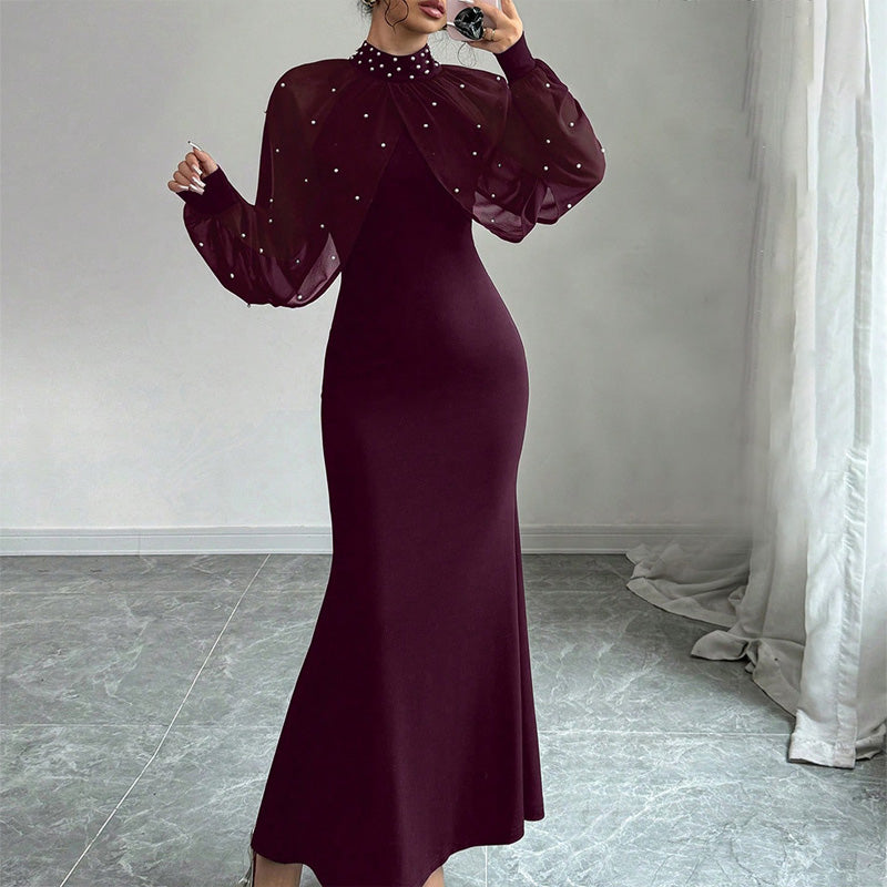 Elegant Faux Pearl Beaded Collar Mermaid Dress