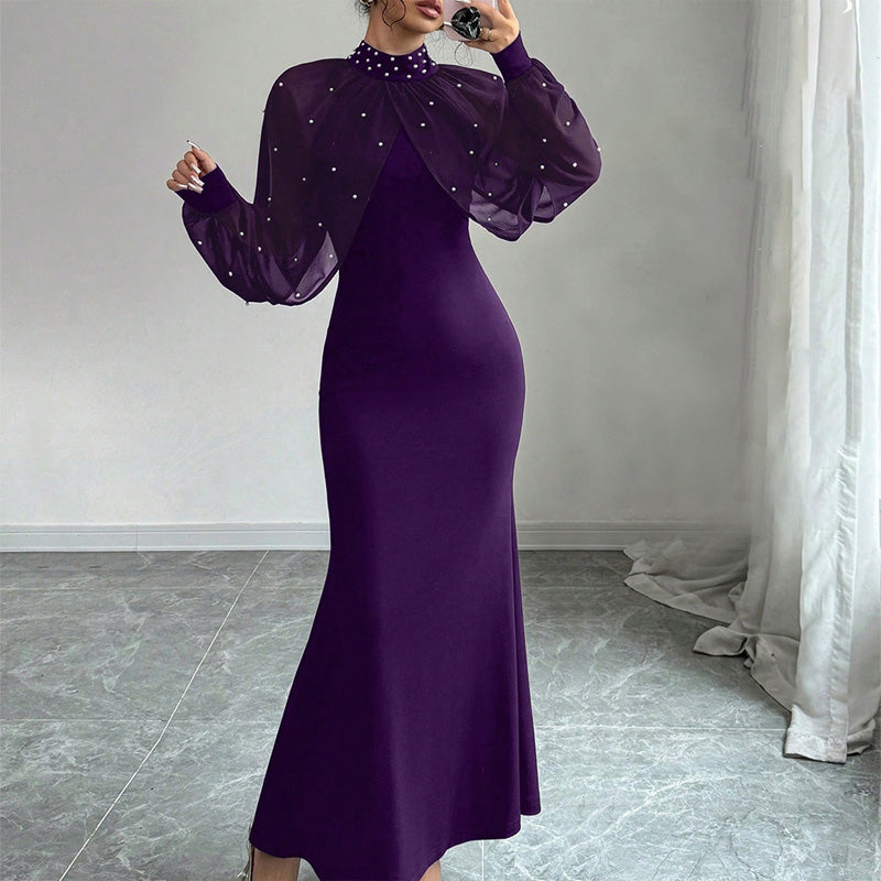 Elegant Faux Pearl Beaded Collar Mermaid Dress