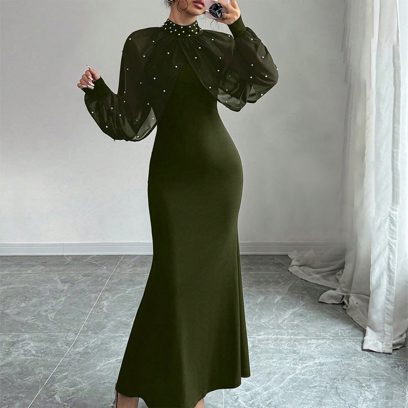 Elegant Faux Pearl Beaded Collar Mermaid Dress