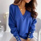 Solid Color Cuff Button Top V-Neck Knit Sweater
