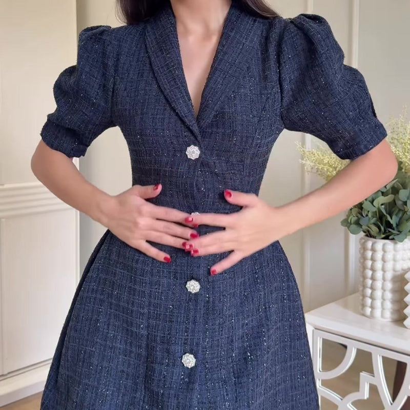 Women’s Lapel Puff Sleeve A-Line Mini Dress