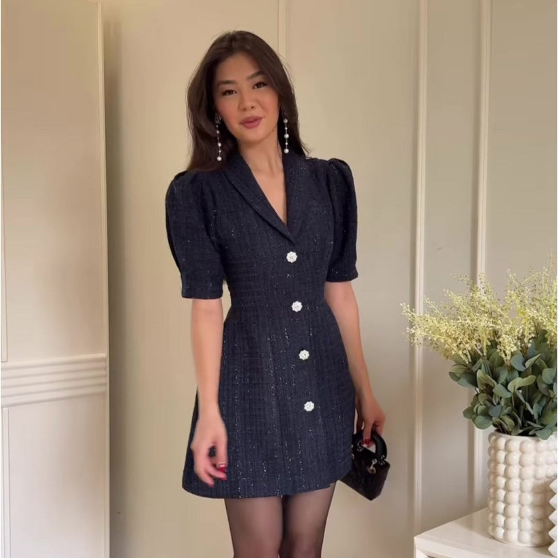 Women’s Lapel Puff Sleeve A-Line Mini Dress