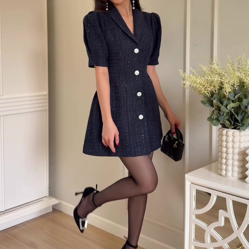 Women’s Lapel Puff Sleeve A-Line Mini Dress