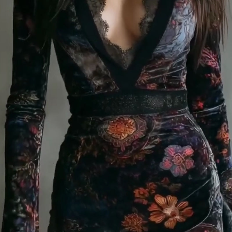 Vintage Floral Print Velvet Bodycon Dress