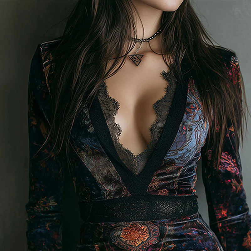 Vintage Floral Print Velvet Bodycon Dress