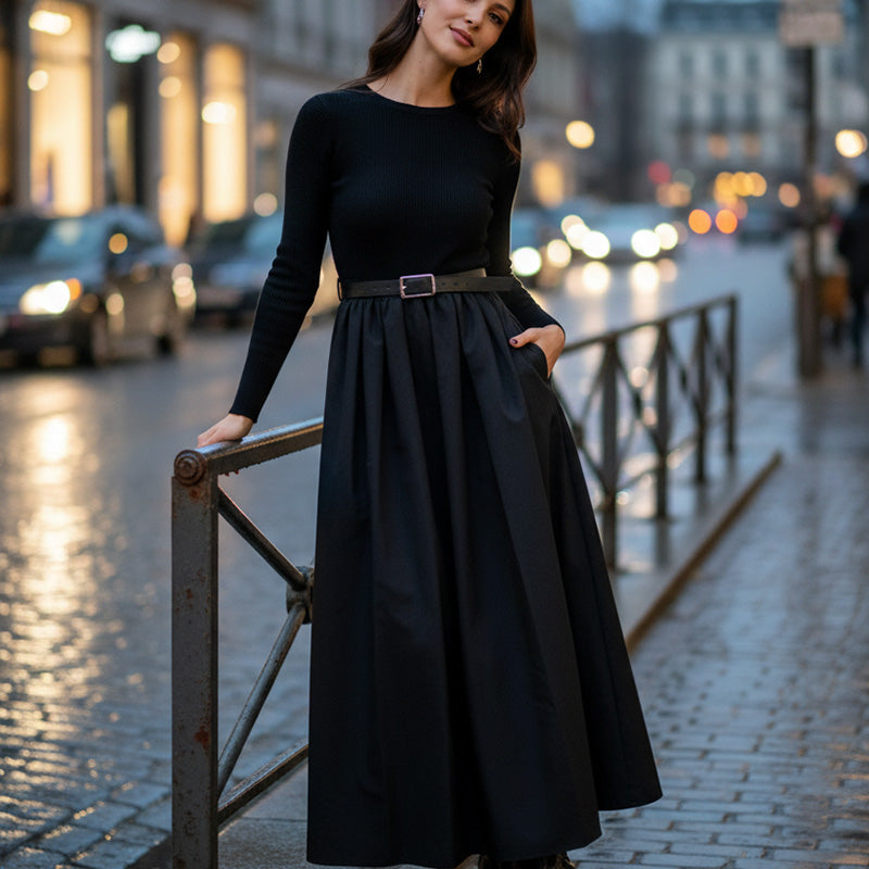 High Waist A-Line Dress with Pockets