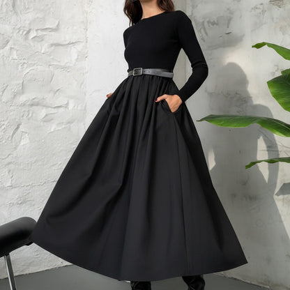 High Waist A-Line Dress with Pockets