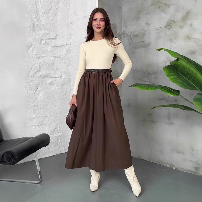 High Waist A-Line Dress with Pockets