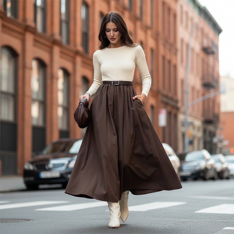 High Waist A-Line Dress with Pockets