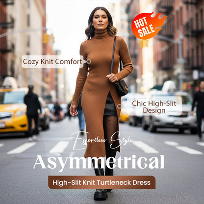 Asymmetrical High-Slit Knit Turtleneck Dress