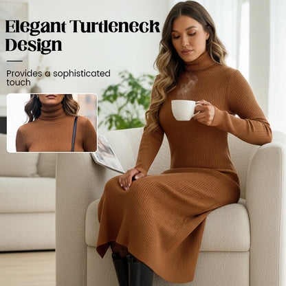 Asymmetrical High-Slit Knit Turtleneck Dress