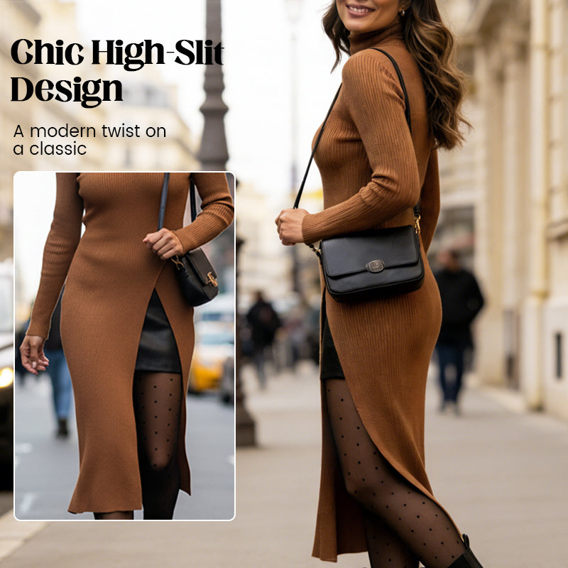 Asymmetrical High-Slit Knit Turtleneck Dress