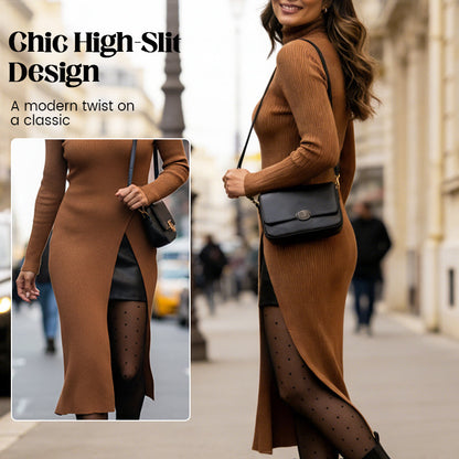 Asymmetrical High-Slit Knit Turtleneck Dress