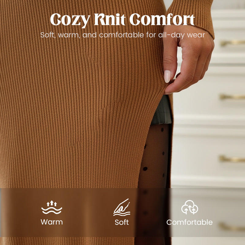 Asymmetrical High-Slit Knit Turtleneck Dress