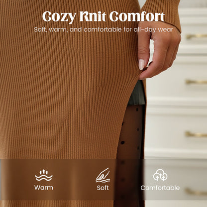 Asymmetrical High-Slit Knit Turtleneck Dress