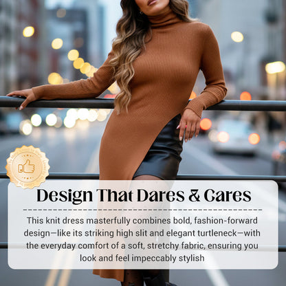 Asymmetrical High-Slit Knit Turtleneck Dress