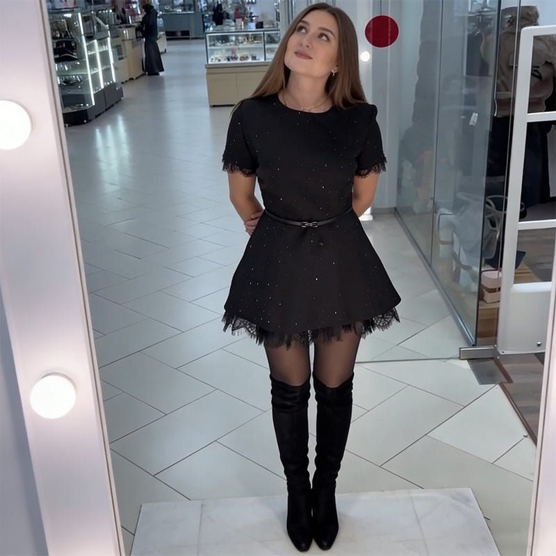 Women's Sparkle Dress with Lace Trim