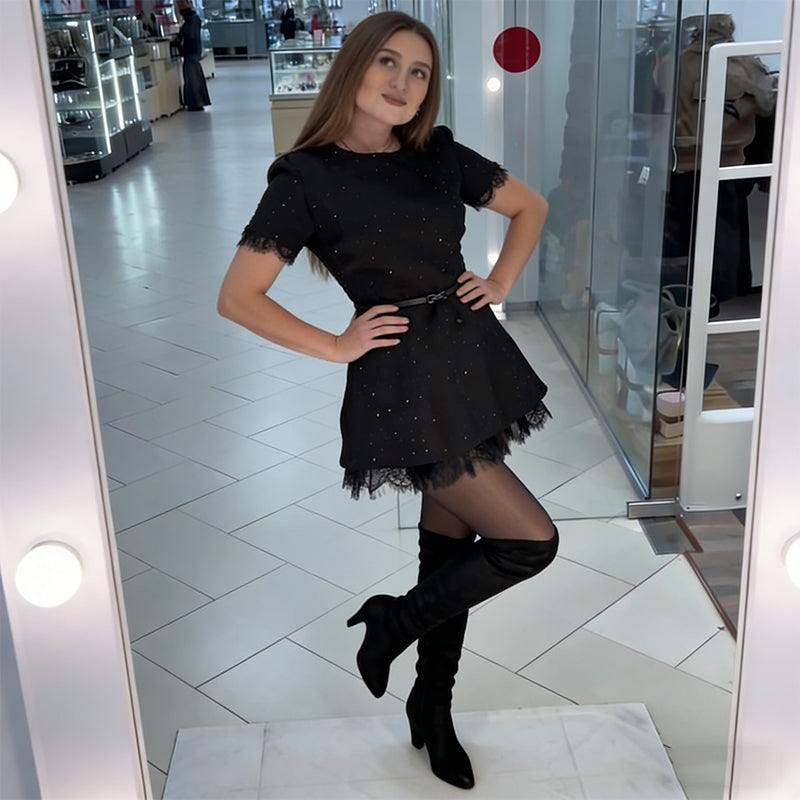 Women's Sparkle Dress with Lace Trim