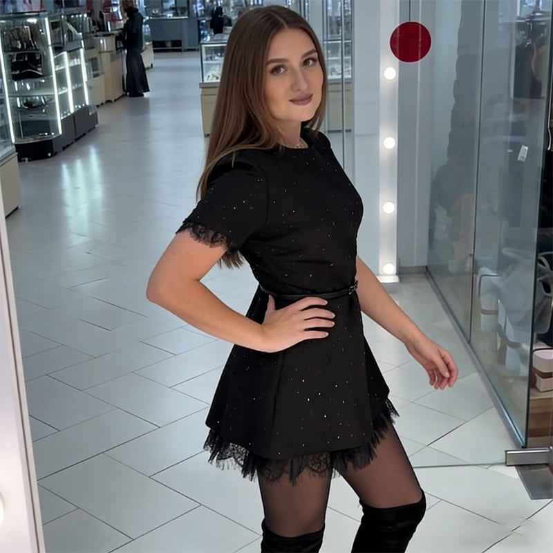 Women's Sparkle Dress with Lace Trim