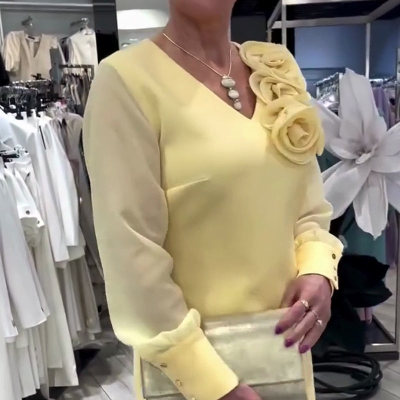 Women's Long Sheer Sleeve Dress with 3D Floral Detail