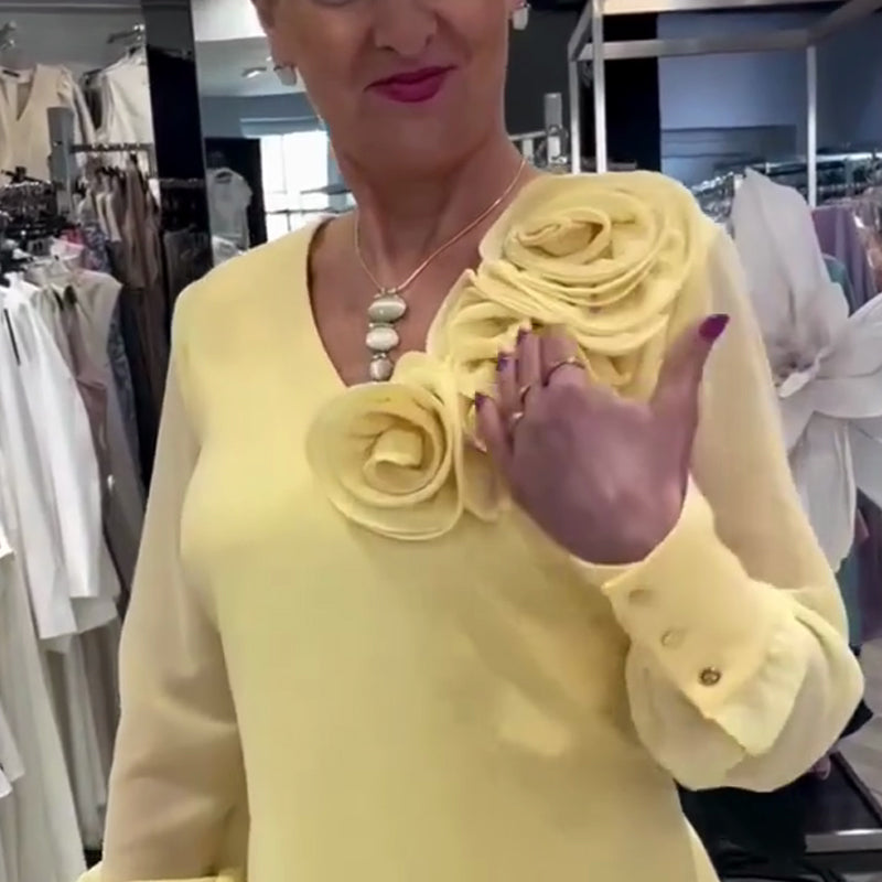 Women's Long Sheer Sleeve Dress with 3D Floral Detail