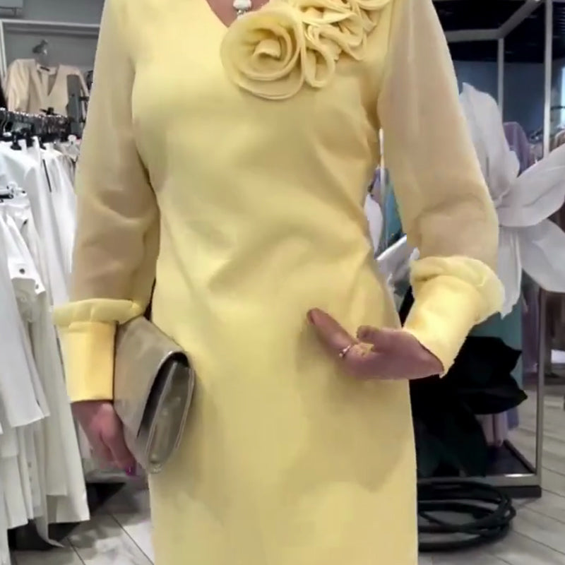 Women's Long Sheer Sleeve Dress with 3D Floral Detail